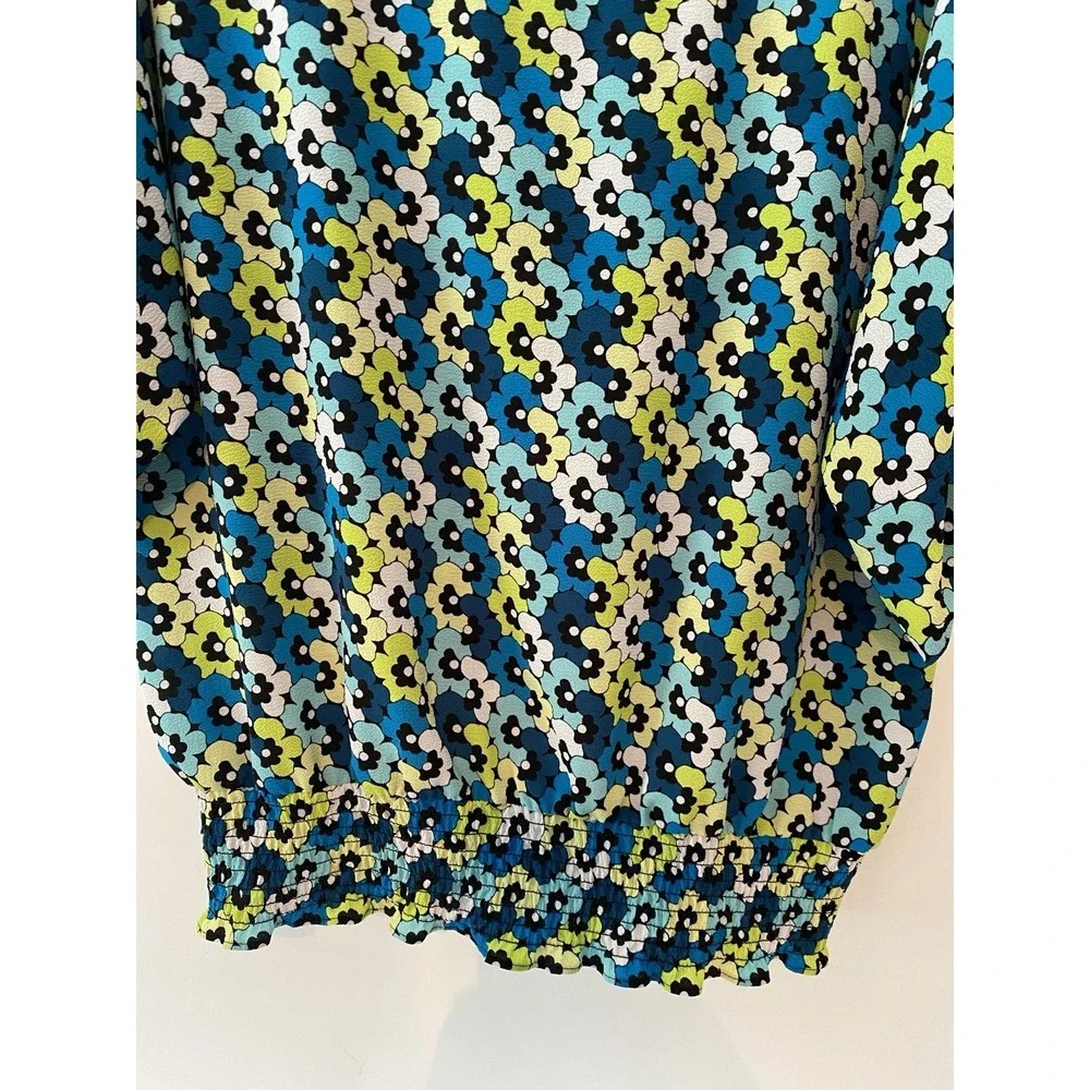 Michael Kors Short Sleeve Blouse Sz Large Smocked Hem Blue Teal Floral Designer